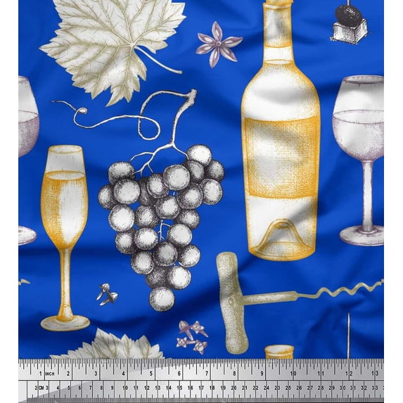 Soimoi Japan Crepe Satin Fabric Grapes,Wine Glass & Bottle Print Fabric by Yard 42 Inch Wide