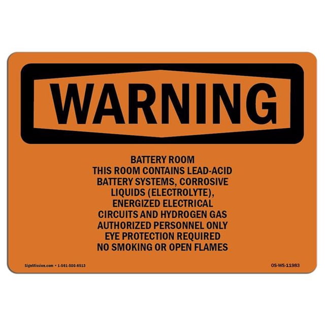 SignMission OS-WS-A-1218-L-11983 12 x 18 in. OSHA Warning Sign - Battery Room This Room Contains Lead-Acid