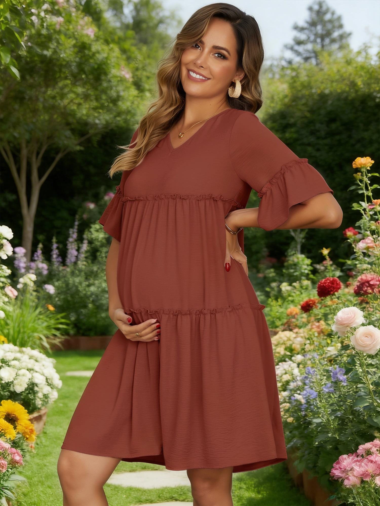DARING DIVA Women's Maternity Ruffled Short Sleeve Tiered Fit Babydoll Dress XL Brown