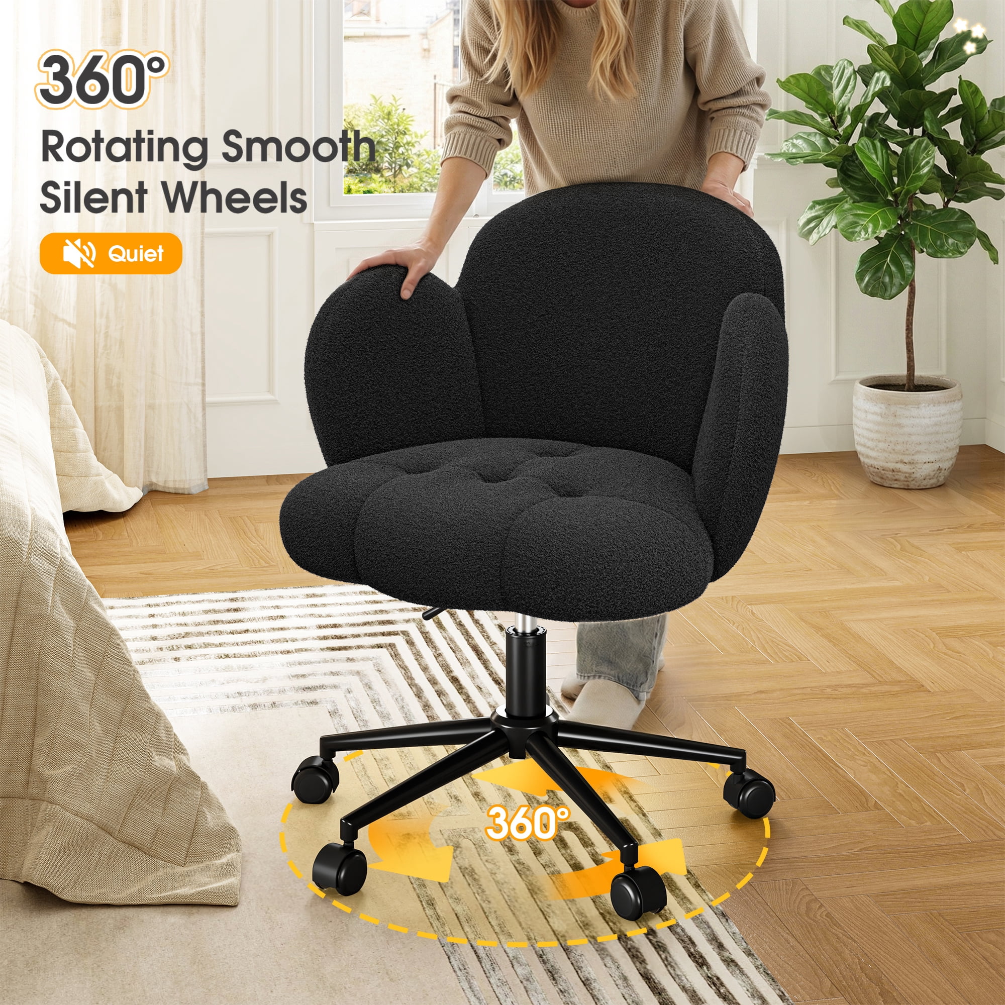 Romorgniz Vanity Chair with Back & Wheels Upholstered Desk Chair Height Adjustable Teddy Velvet Computer Task Chairs for Home Office, Black