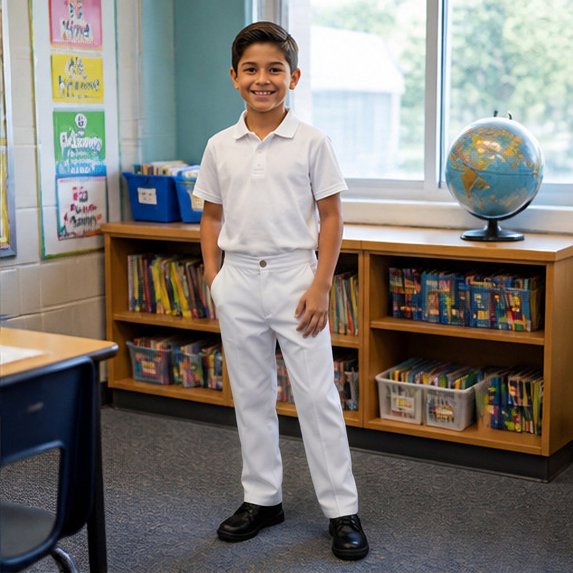 Boys School Uniform Pants for Gilrs Straight Leg Flat Front White Kids Dress Pants Comfortable Waistband with Zip Closure 9-10 Years