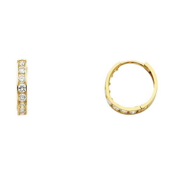Solid 14k Yellow Gold Huggie Hoop Earrings CZ Huggies Hoops Round CZ Style Polished Finish Small 14 mm