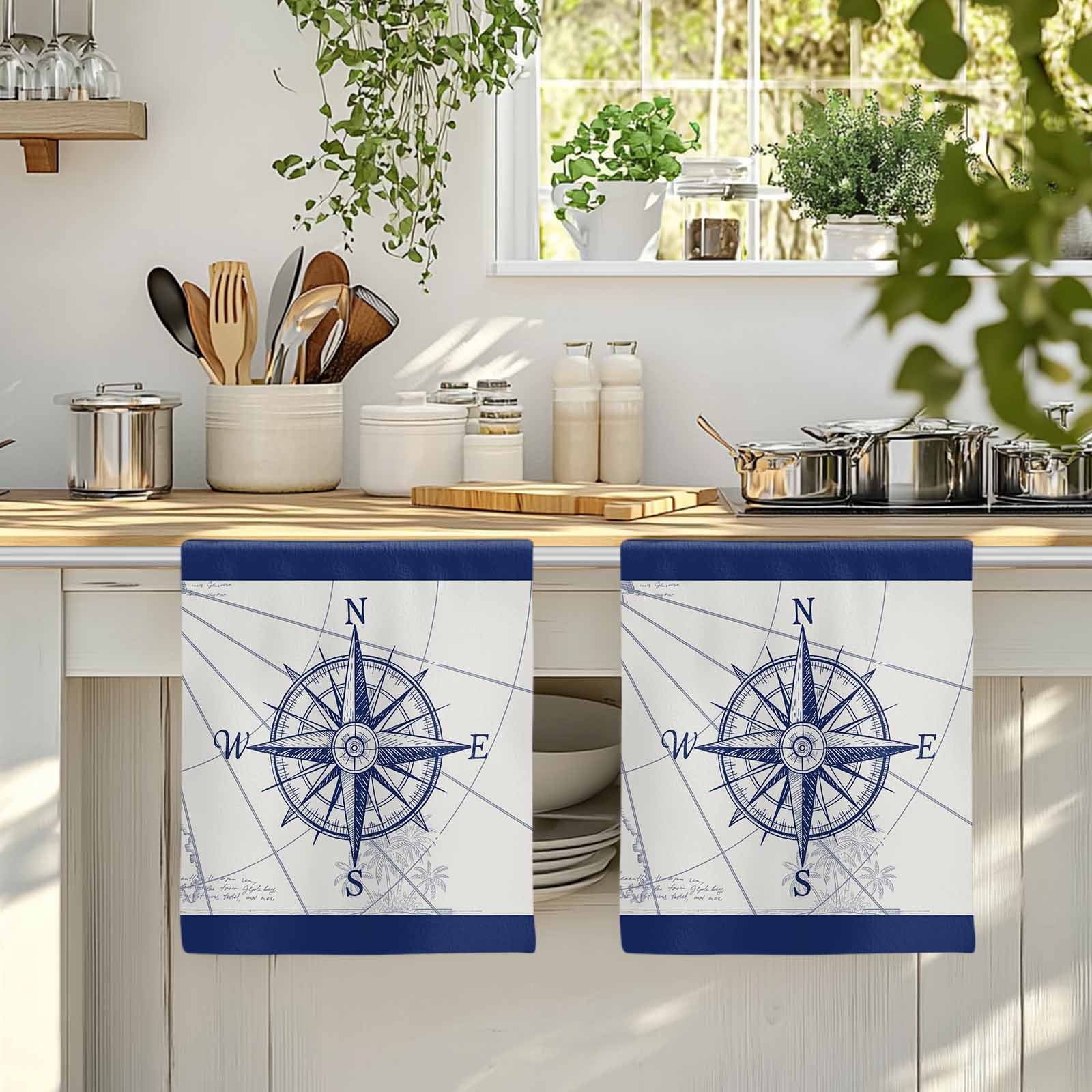 Dish Towels, Compass Absorbent Kitchen Towels 2 PCS, Blue Ocean Navigation Map Microfiber Hand Towels Dish Cloths Tea Towels for Home&nbsp;Bathroom Cleaning Drying,18X28-Inch,