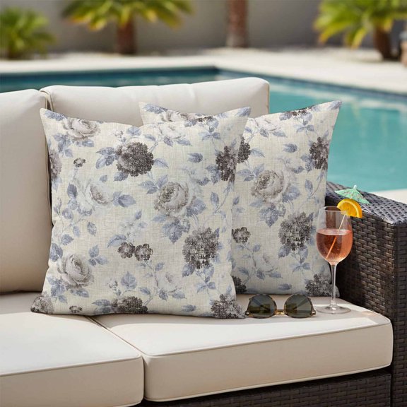 Vintage Floral Outdoor Pillow Covers Pack of 2 Botanical Grey Black Rose Leaf Linen Pattern Waterproof Throw Pillow Covers Decorative Cushion Cases for Patio Garden Tent Balcony Couch 16x16 inch