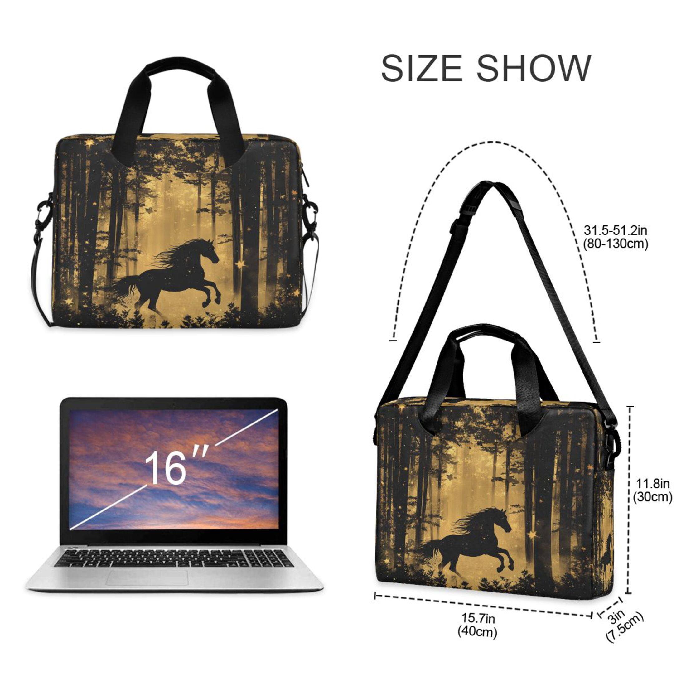 16" Laptop Tote Bag Laptop Sleeve Case Computer Briefcase for Work & Travel Elegant Black Horse