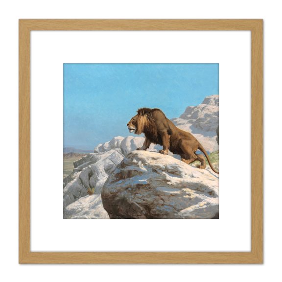 Gerome Lion On The Watch 8X8 Inch Square Wooden Framed Wall Art Print Picture with Mount