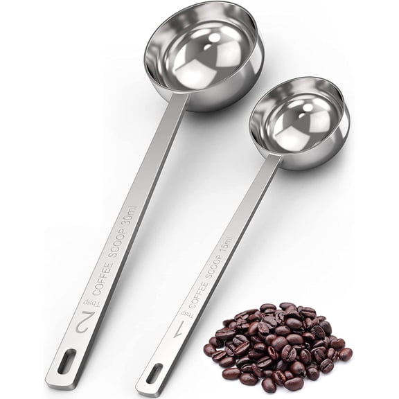 2-piece stainless steel coffee measuring spoon coffee scoop, coffee scoop long handle coffee scoop suitable for coffee powder and coffee making (silver-2pcs-15ml-30ml)