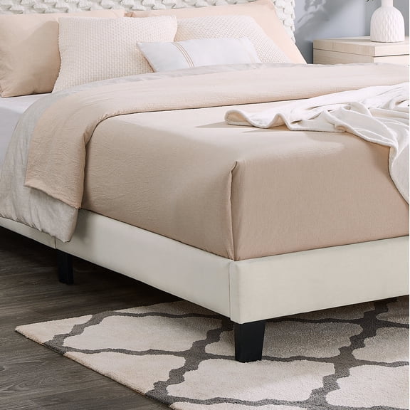 queen platform bed with upholstered headboard - Findlay Plush 3D White Dove Fabric Bed Frame No Box Spring Needed
