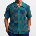 thumbnail image 1 of Ceisia Men's Summer Color Block Checkerboard Open Knit Short Sleeve Button Down Cardigan Green M Gifts, 1 of 8