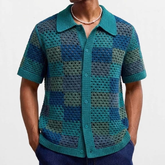 Aobny T Shirts for Man Button Up Knitted Plaid Tshirt Collared Big & Tall Polos Short Sleeve Tshirts,Green,L