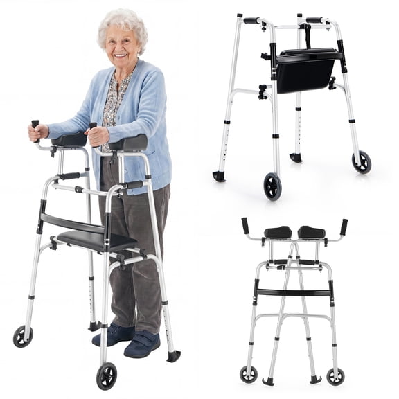 ELLEGNT Folding Upright Walker with Seat, Removable Arm, Wheels and Adjustable Height for Disabled