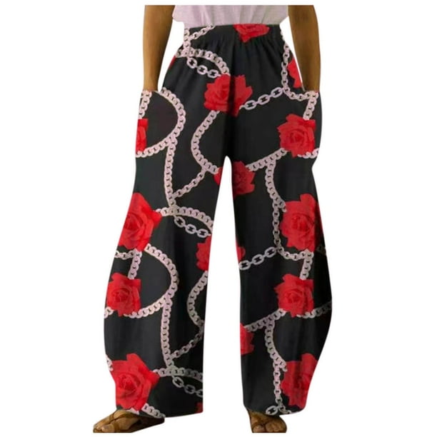 Pantalones anchos cómodos de cintura media elásticos con bolsillos de impresión informal para mujer Fridja alkflakhf34889