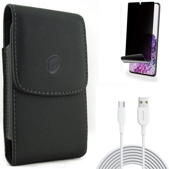 Privacy Screen Protector w Case Belt Clip w 6ft USB-C Cable for Samsung Galaxy S20 Plus - TPU Film [NOT GLASS] [Fingerprint Works], Leather Holster Cover, Type-C Fast Charger fits Galaxy S20 Plus