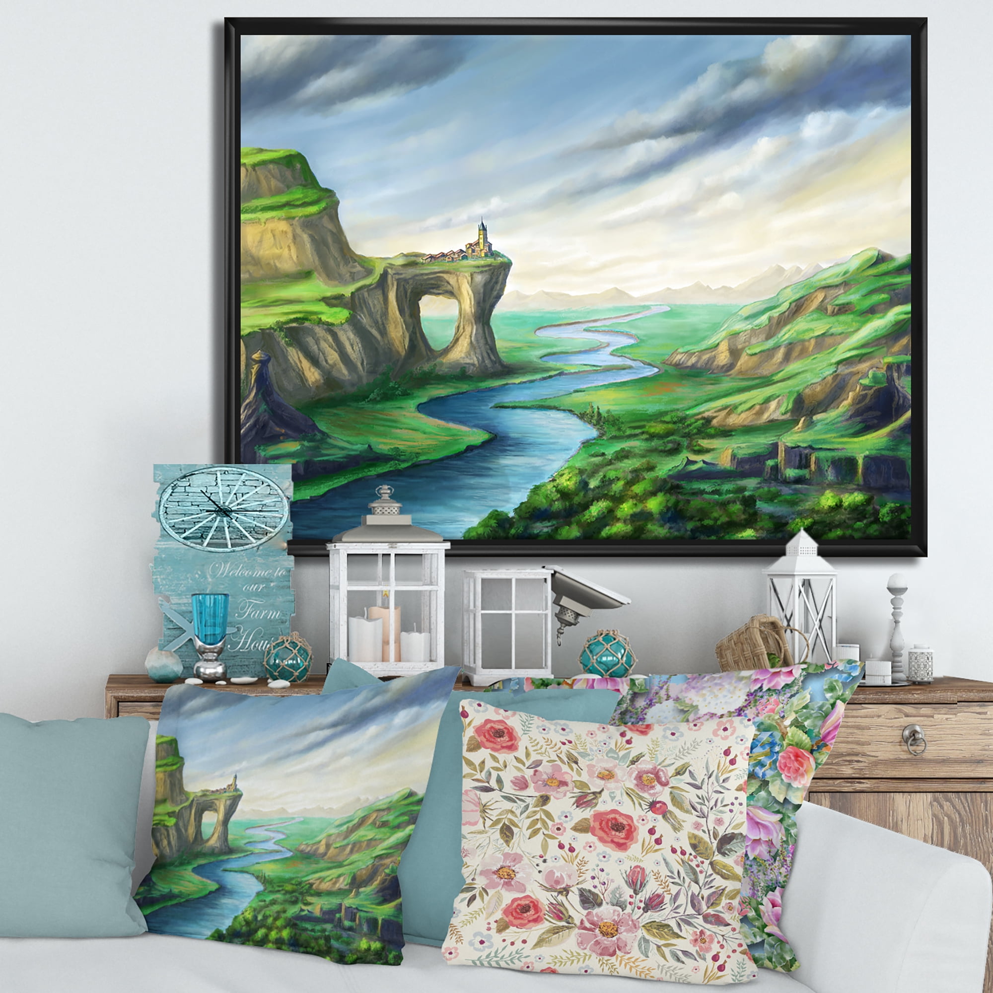 Designart 'Meandering River With Blue Fantasy Landscape' Lake House Framed Canvas Wall Art Print