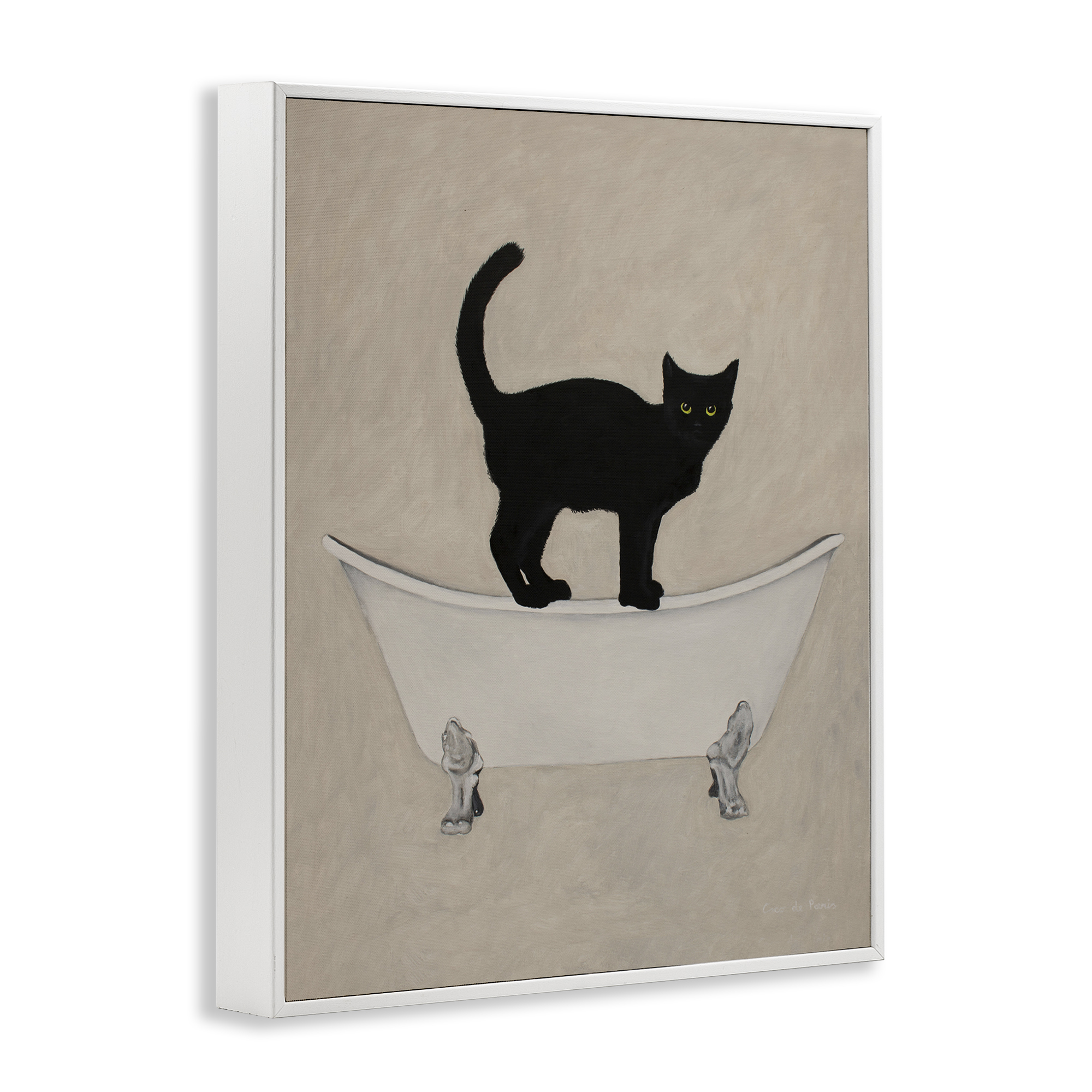 Black Cat Simple Claw Foot Bathtub Bathroom Painting White Framed Giclee Art, 11 x 14