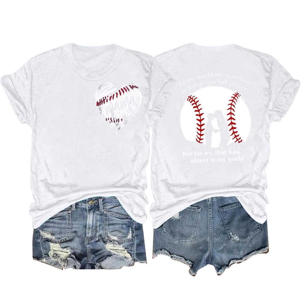 Camisetas de Manga Corta para Mujeres Beisbol Amor Doble Cara Impresión Cuello Redondo Camiseta, Top de Verano Casual