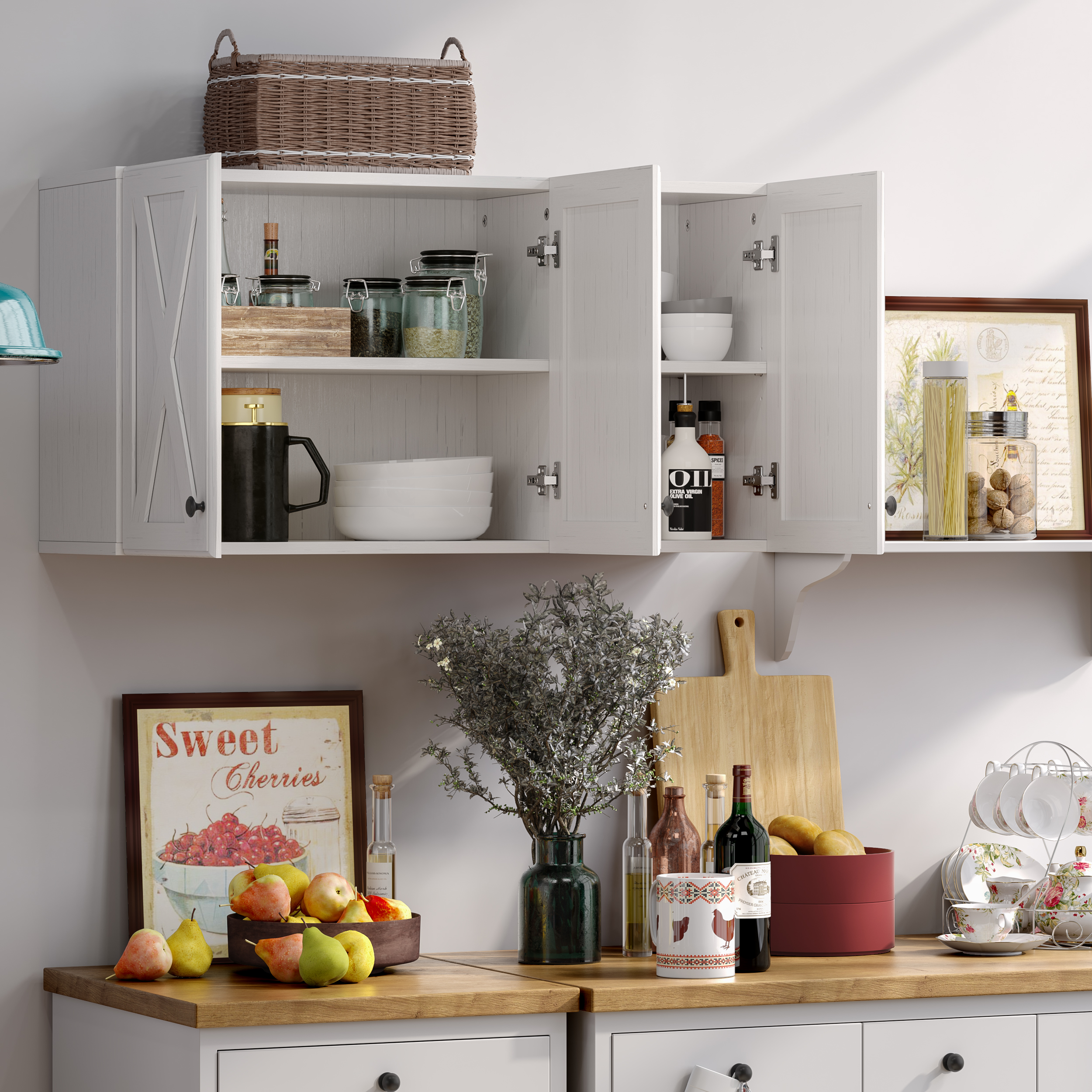 POLIHOME Farmhouse Kitchen Wall Amount Storage Cabinets with 3 Doors and Shelves, 36inch