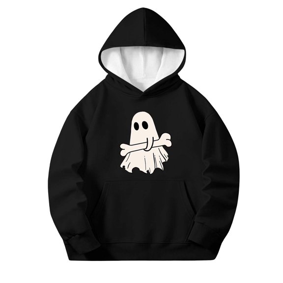 BaoFuBaoMei Lightweight Hoodie Boys Girls Halloween Ghost Long Cuffed Sleeve Sweatshirt Tops with Pockets Fleece Lined Loose Hooded Fall Clothing for Daily Wear School Party Classroom Celebration