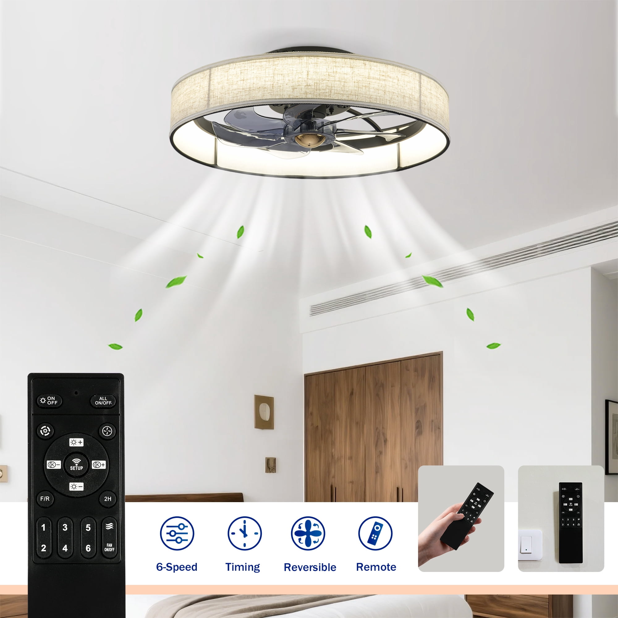 Leumius 20" Fabric Farmhouse 7 Blades Ceiling fan with Light and Remote Control, Quiet DC Motor Ceiling Fan for Living Room Bedroom Kitchen