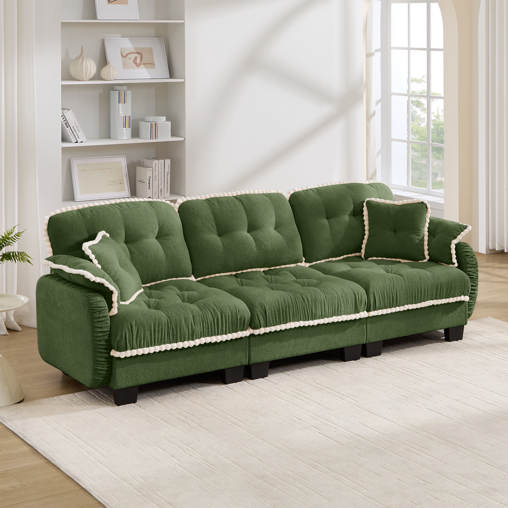 Anpport Modern Aesthetic Green 3-Seater Chenille Sofa, Quilted Tufted Couch with Pom-Pom Trim, Includes 4 Throw Pillows for Small Space, Apartment, Office & Living Room