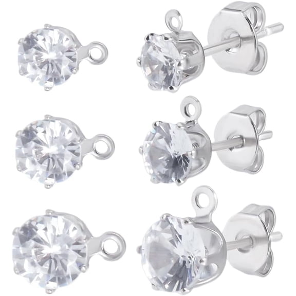 1 Box 30Pcs Cubic Zirconia Earring Posts with Loop 925 Sterling Silver Earring Studs Findings for DIY Jewelry Making (5/7.5/9mm) for DIY