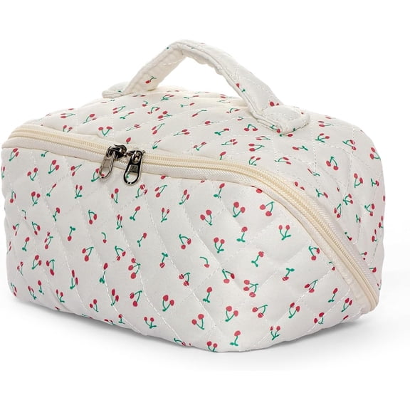 Blue Floral Travel Makeup Bag for Women 180° Open Toiletry Bags Lay-Flat Cosmetic Organizer Puffy Large Capacity Organizer For Toiletries & Brushes