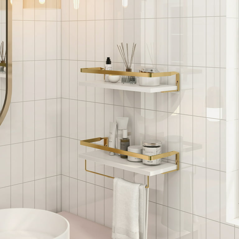 Afuly White Floating Shelves Wood 16.5 inch Gold Metal Shelves for