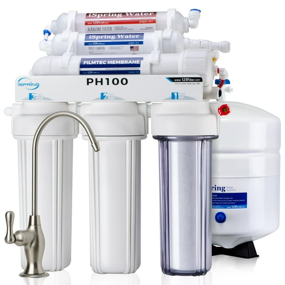 iSpring PH100 pH  6-Stage Under Sink Reverse Osmosis RO Drinking Water Filtration System 100 GPD Fast Flow 1:1 Pure to Waste Ratio with Alkaline Remineralization, US Made Filters