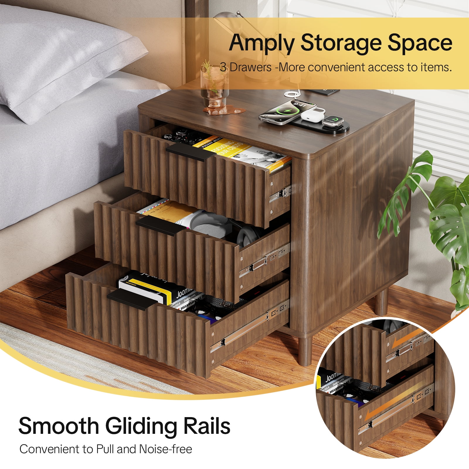 18" Wide Fluted Nightstand Set of 2 with Charging Station Modern Wood Bedside Table with 3 Drawers, Mid Century End Table for Bedroom Living Room Office, Walnut