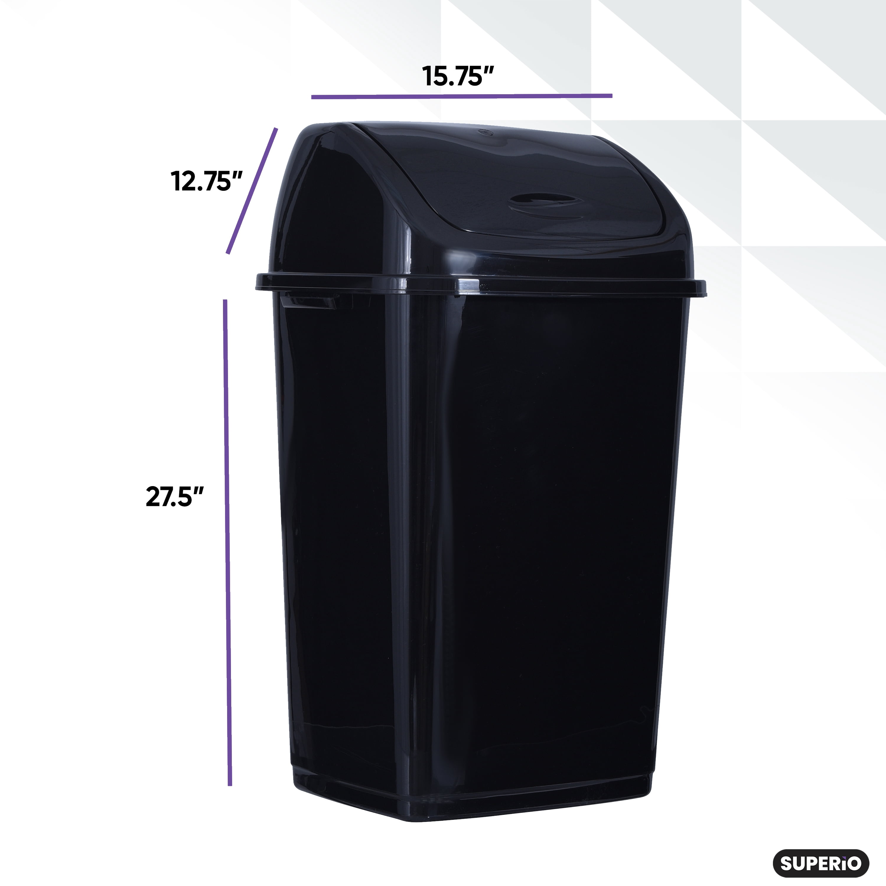 Superio Large Kitchen Trash Can 13 Gallon Black Swing Top Trash Can with Lid, 52 Qt