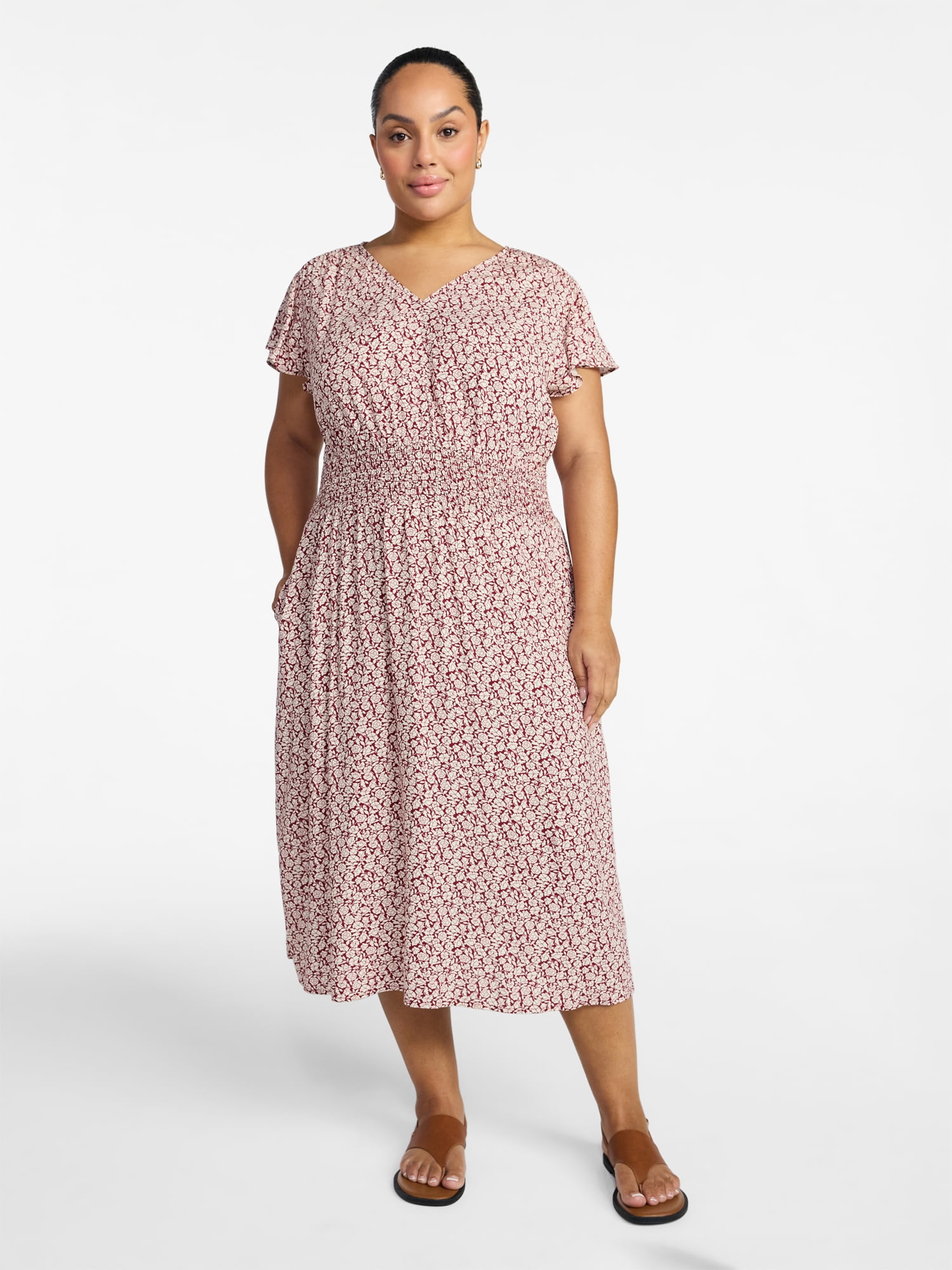 Time and Tru Women’s and Women’s Plus Smocked Waist Midi Dress with Flutter Sleeves, Sizes XS-4X