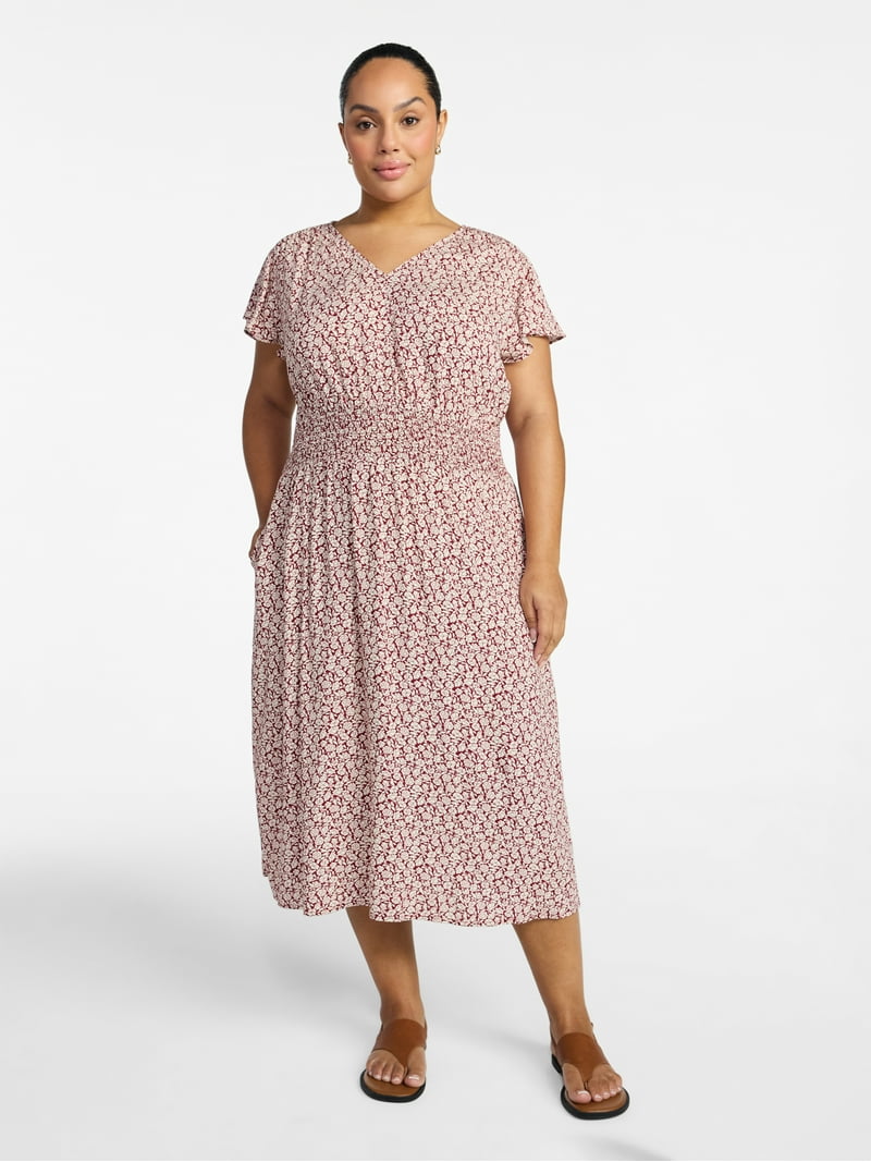 Time and Tru Women's and Women's Plus Smocked Waist Midi Dress with Flutter Sleeves, Sizes XS-4X - Walmart.com Time and Tru Women's and Women's Plus Smocked Waist Midi Dress with Flutter Sleeves, Sizes XS-4X - Walmart.com