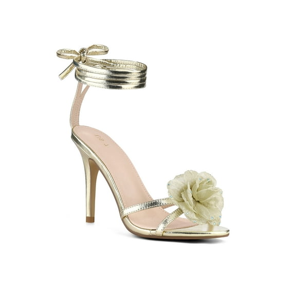 BLISSFUL STEP Women's Flower Rhines Open Toe Lace Up Stiletto Heels Sandals Gold 7