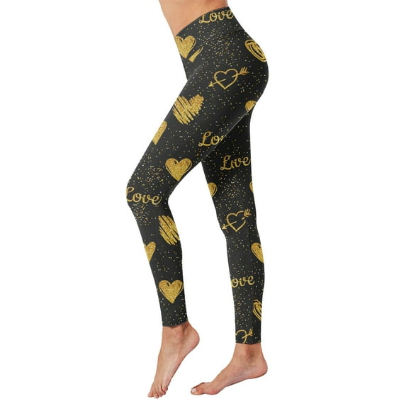 Hot Sale!! Women's Happy Valentines Day Gym Leggings High Waisted Queen Of Hearts Love Heart Print Yoga Pants Casual Compression Gold + S