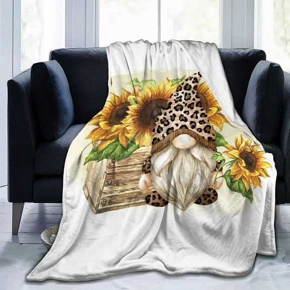 Sunflower Gnomes Throw Blanket Leopard Cute Gnomes Blanket Fall Harvest Blankets Bed Quilt Throw for Couch Sofa Flannel Plush Super Soft Blanket 60''''x50''''