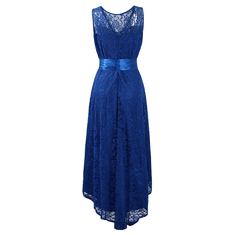high low sleeveless belted lace dress