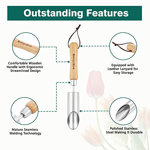 Berry&Bird Garden Bulb Planter Stainless Steel Manual Hole Digger Transplanting Agricultural Dibble Tool with Short Wooden Handle for Seed Planting Gardening Fence Flower Planter 