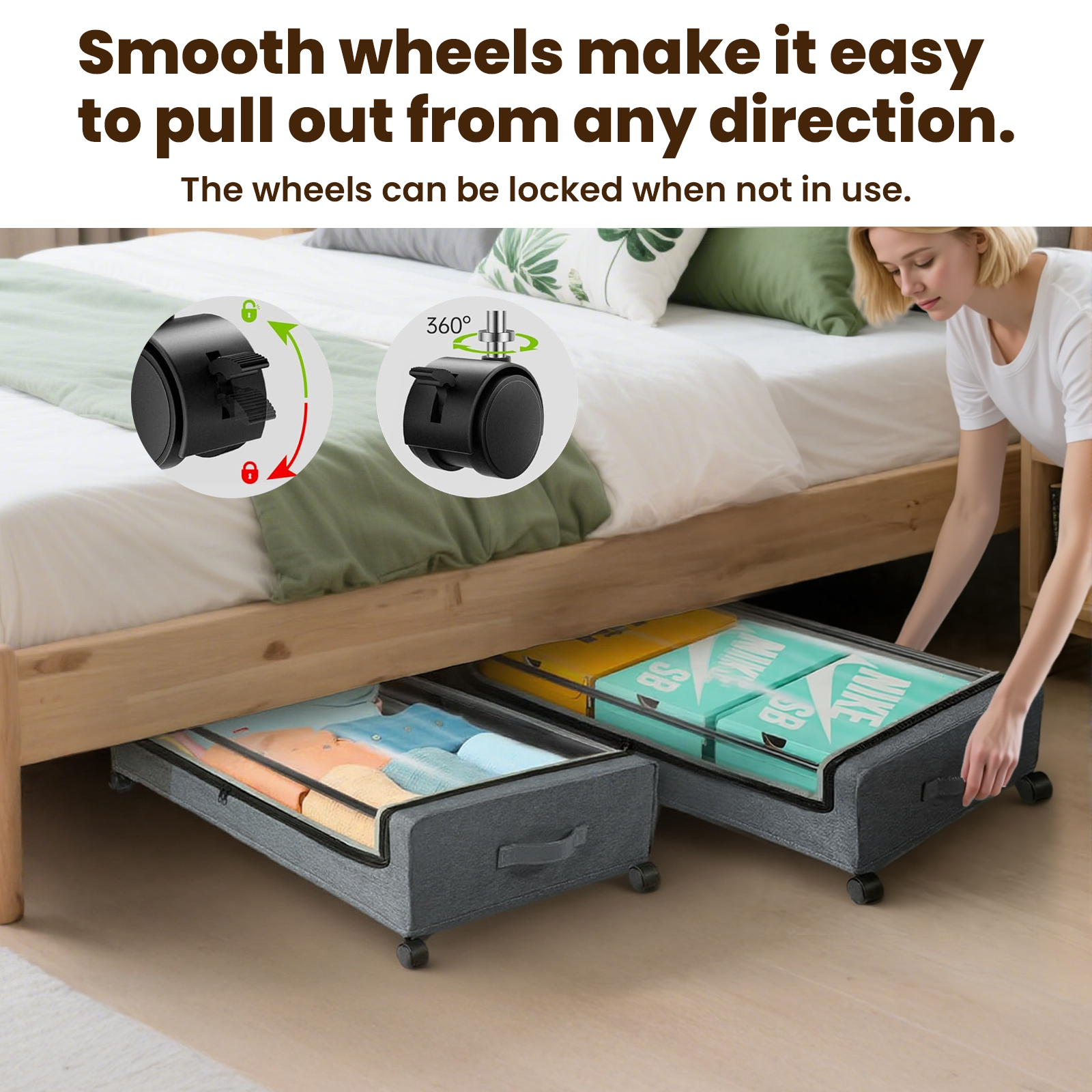 Torio Under Bed Storage with Wheels, 2 Pack Under Bed Storage Containers with Clear Lids, Rolling Organizer Drawers for Clothes Shoes Blankets