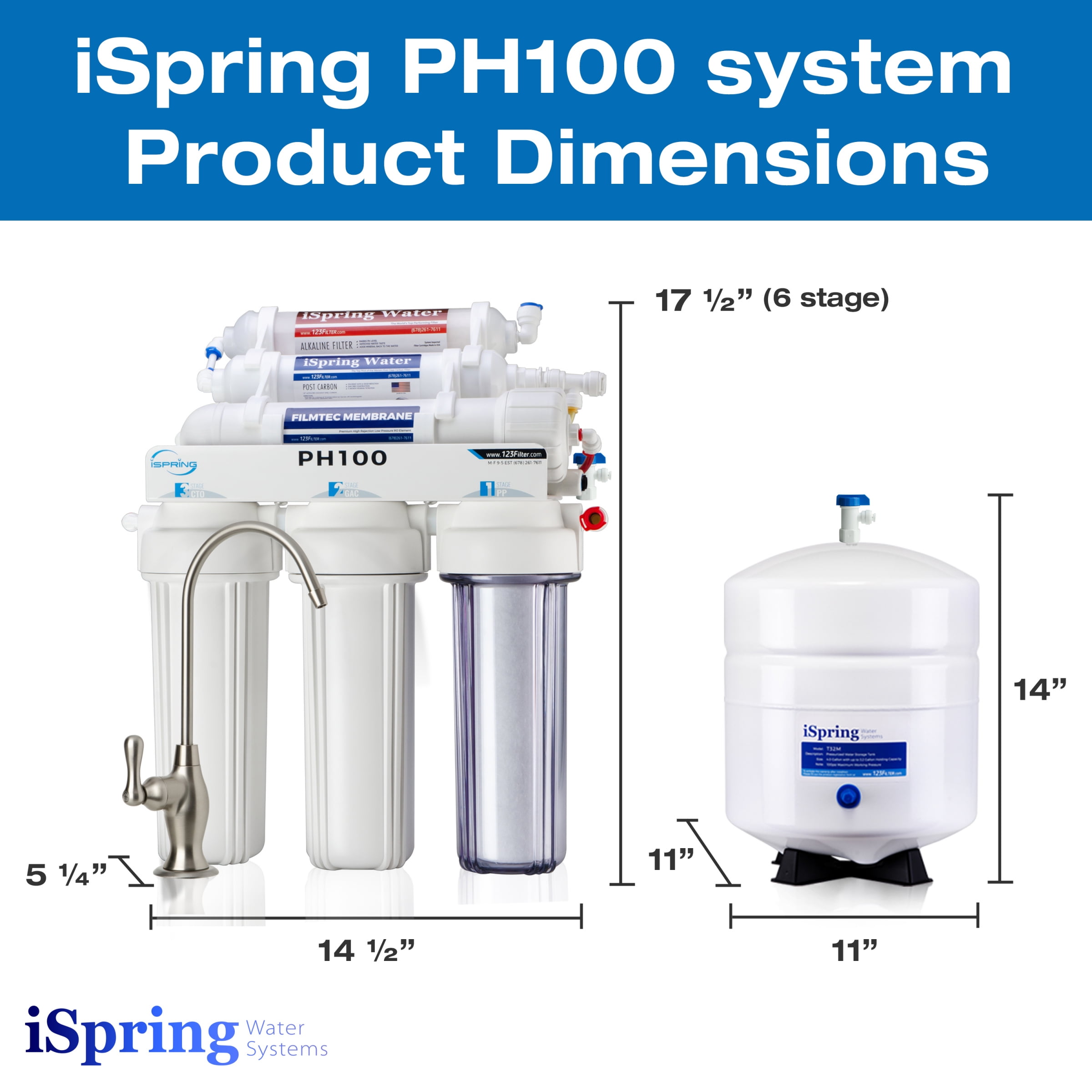 iSpring PH100 pH+ 6-Stage Under Sink Reverse Osmosis RO Drinking Water Filtration System 100 GPD Fast Flow 1:1 Pure to Waste Ratio with Alkaline Remineralization, US Made Filters