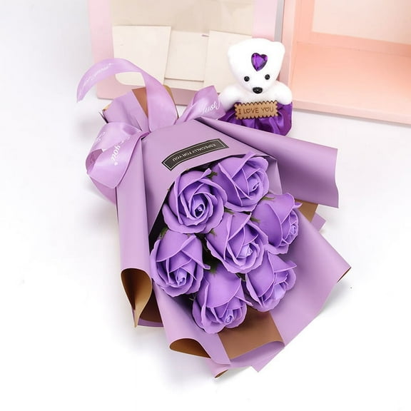 VerPetridure 7 Imitation Soap Roses Gift Box Decoration with Bear White Box Light Purple Artificial Rose Flower Leaf Bridal Bouquet Wedding Home Decoration