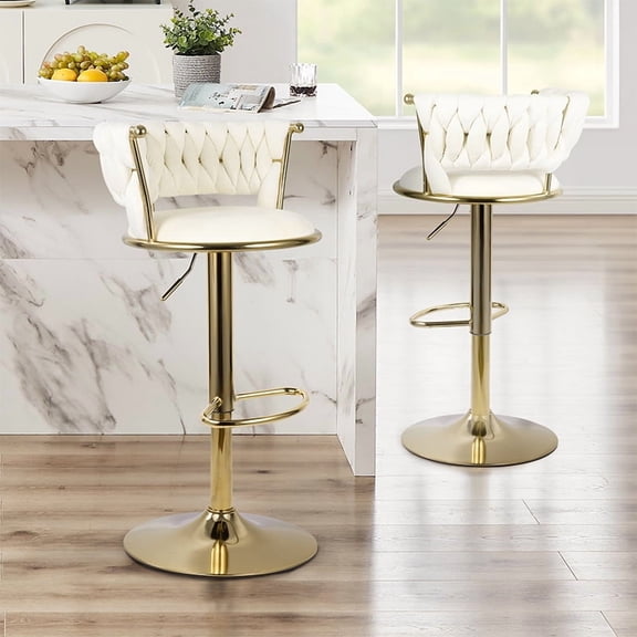 Set of 2 Modern Velvet Bar Stools, Adjustable Height Woven Back Bar Chairs with Footrest and Swivel for Kitchen Island & Dining Room, Beige
