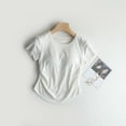 thumbnail image 2 of JGGSPWM T-Shirts d'Été pour Femmes Col Rond Manches Courtes Plissés Raccourcis avec Coussin de Poitrine Mode Unie Blouses d'Entraînement Tops Blanc L, 2 of 4