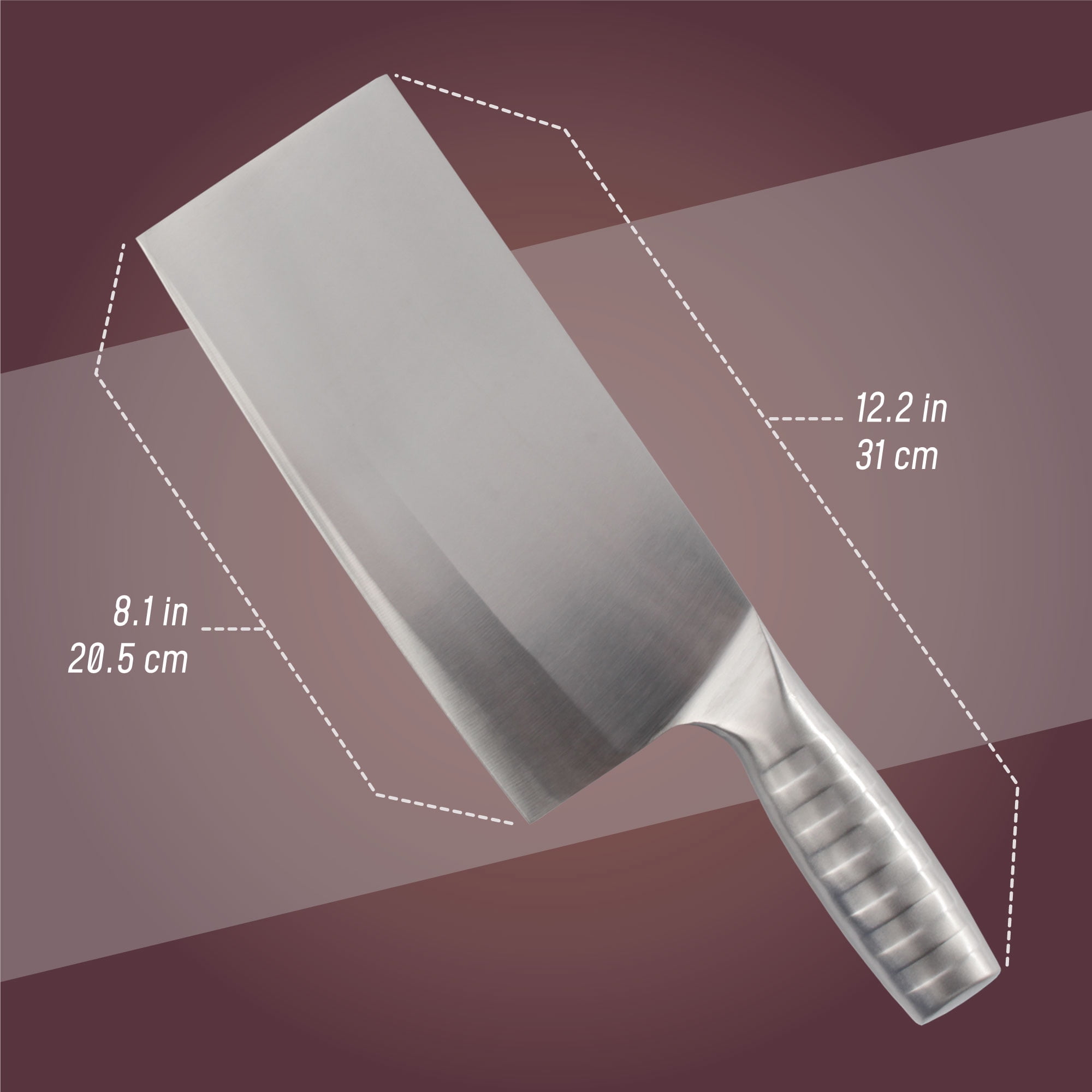 BambooMN Chinese Cleaver - 8.5" Smooth Stainless Steel Blade Silver Handle - 1 Knife