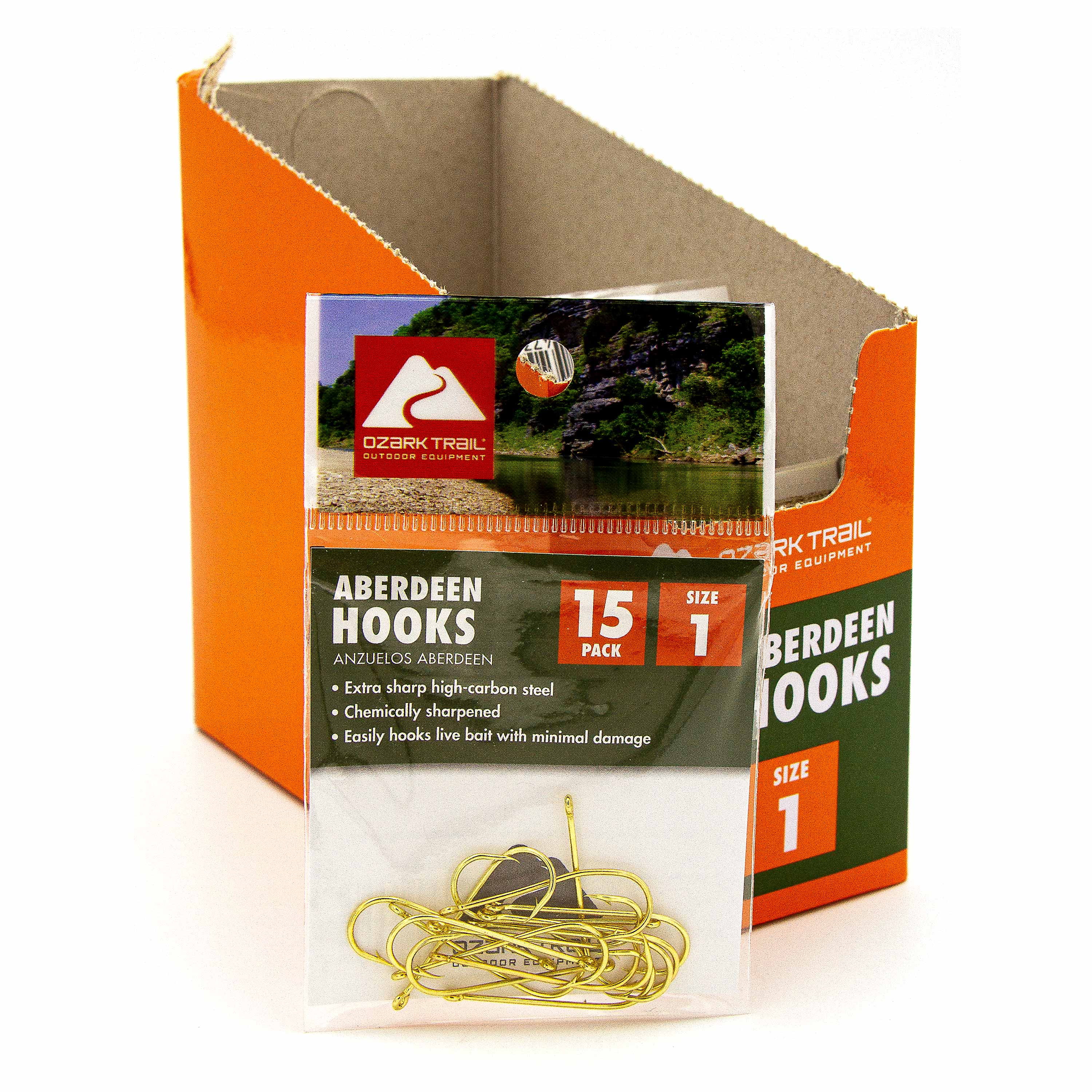 Ozark Trail Gold Aberdeen Light Wire Fishing Hooks Size 1 - 15 Pack