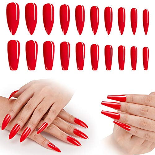 Red Nails Women 0pcs Cosics Glossy Nails Press Almond Shape Acrylic Nail Tips Long Full Cover Artificial False Fake Nails With Storage Design Diy Walmart Com
