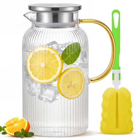 GPED 64 oz Glass Pitcher, Water Pitcher with Lid and Spout, 1.8L Glass Carafe for Fridge, Thickened Borosilicate Iced Juice Jugs for Cold and Hot Beverage, Easy Clean Heat Resistant Glass Jug