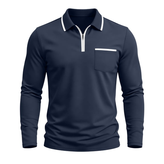 BRGZLK Men's Polo Shirts Fall Stylish Color Block Long Sleeve Zipper Turn-Down Collar Classic T-Shirts Soft Comfortable Casual Golf Shirts with Pockets Dark Blue M