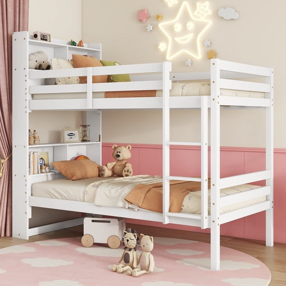 Twin over Twin Solid and Stable Bunk Bed with Shelves, Rubber Wood Bed with Shelves Headboard, Safety Guardrails and Ladder, Convertible To 2 Beds (White)