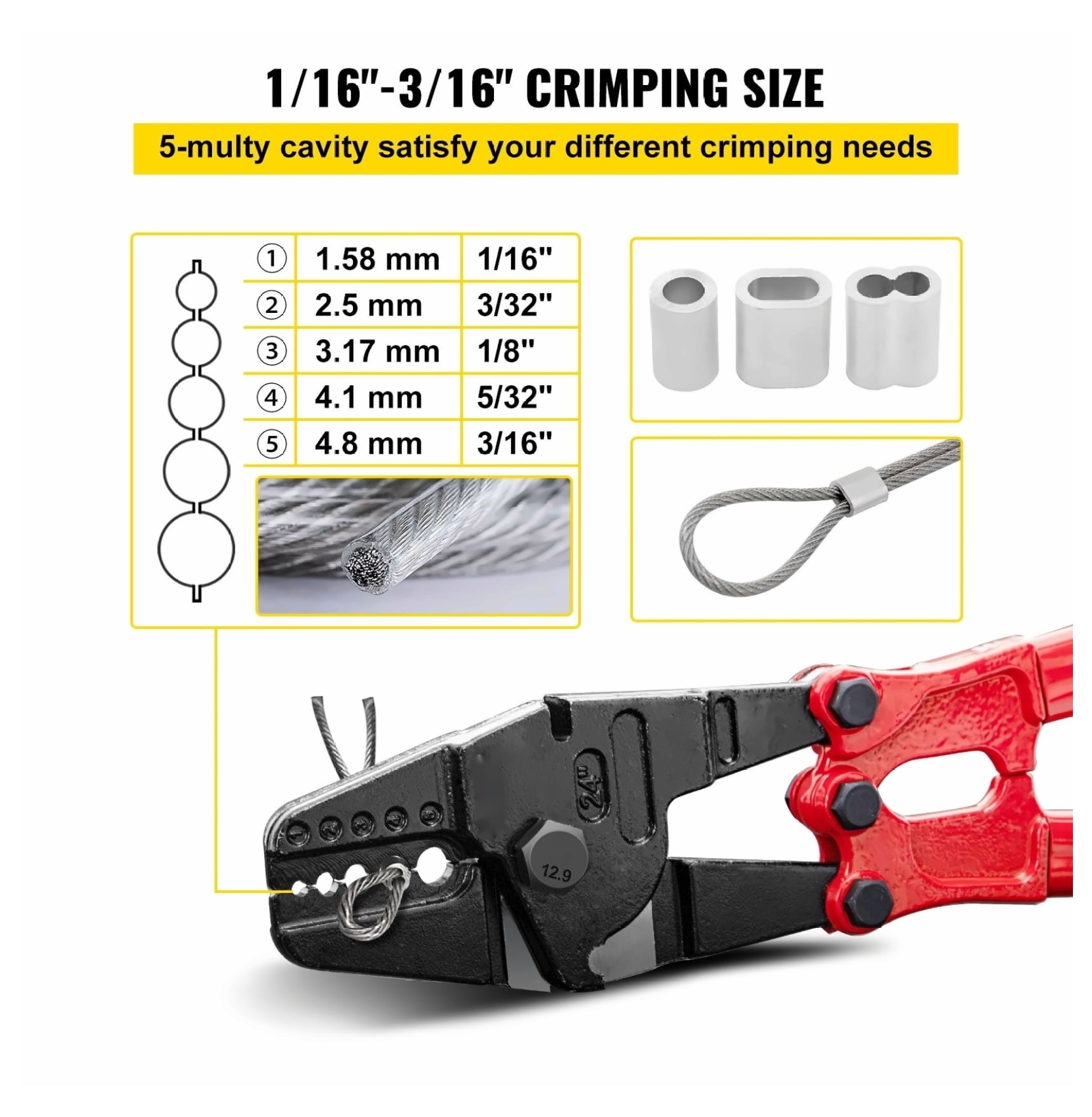 24" Hand Swager Cable Cutter 1/16"-3/16" Wire Rope Crimping Tool, 5-Cavity Steel Swage Kit with Labor-Saving Handle & Cutter for Aluminum Sleeves
