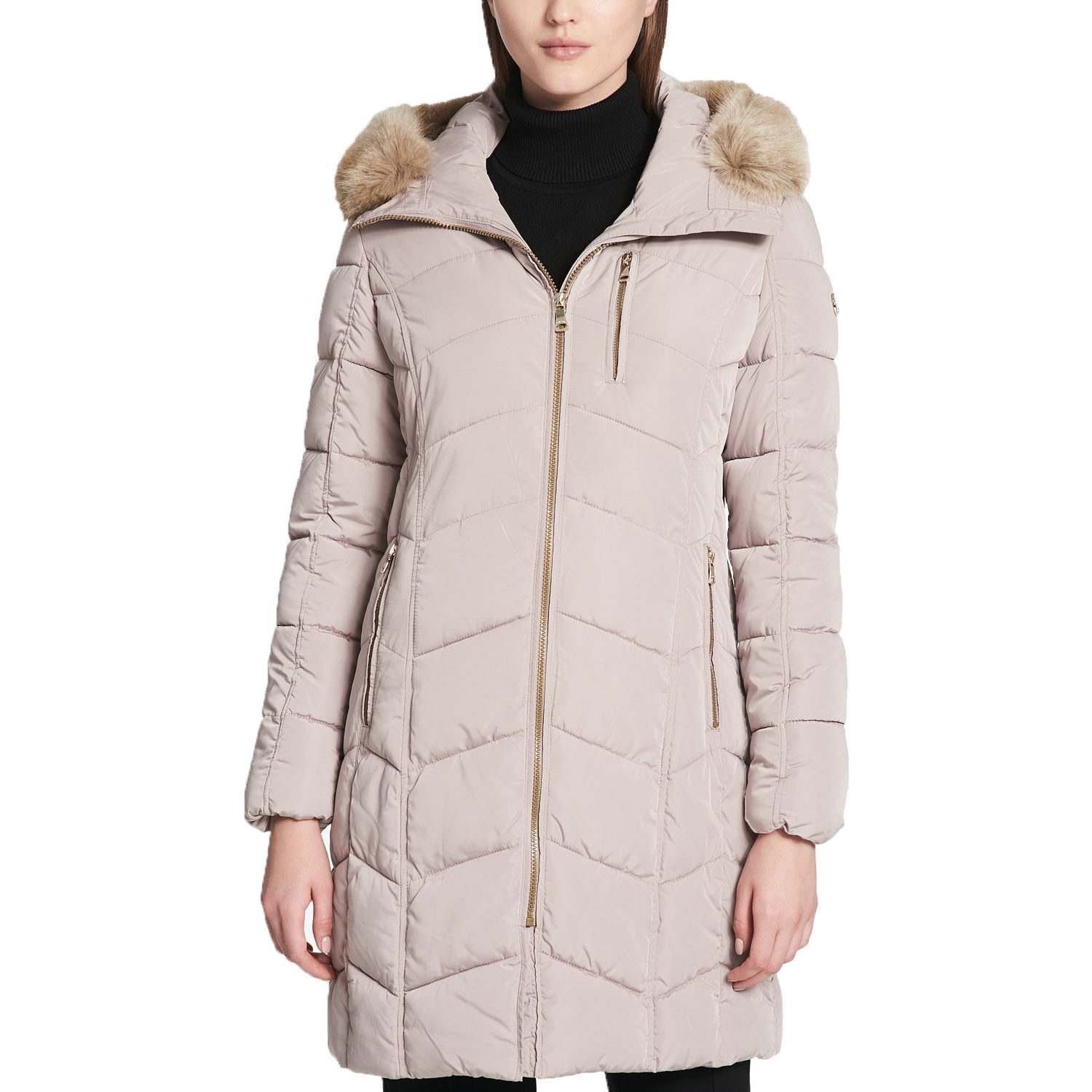 Calvin Klein Ladies' Faux-Fur-Trim Hooded Chevron Puffer Coat (Thistle,  Medium) 